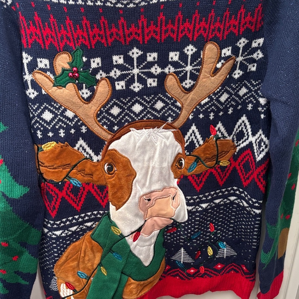 Holiday Time Festive Cow Sweater - Navy and Red